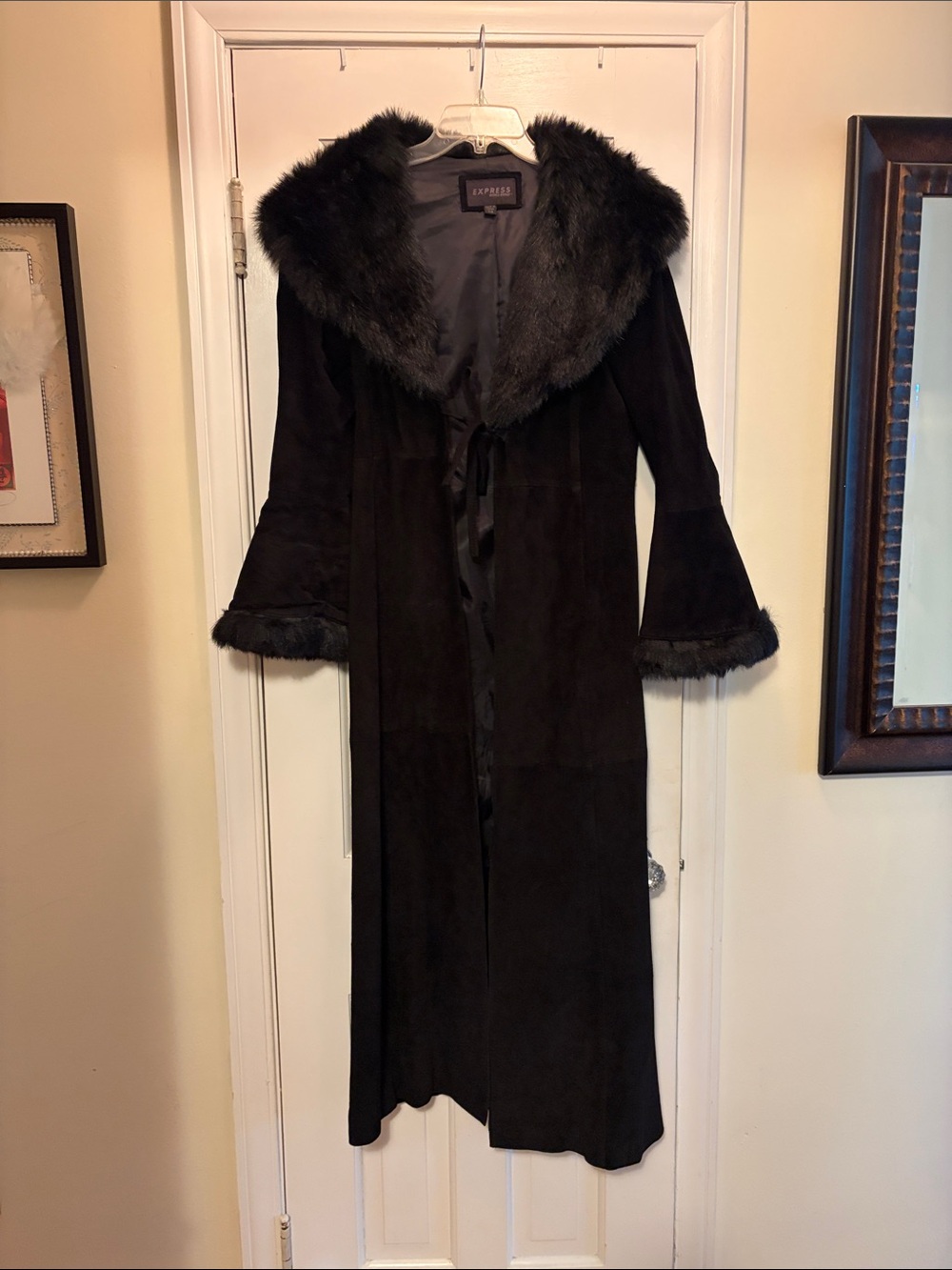 Express Black Long Coat with Faux Fur Trim